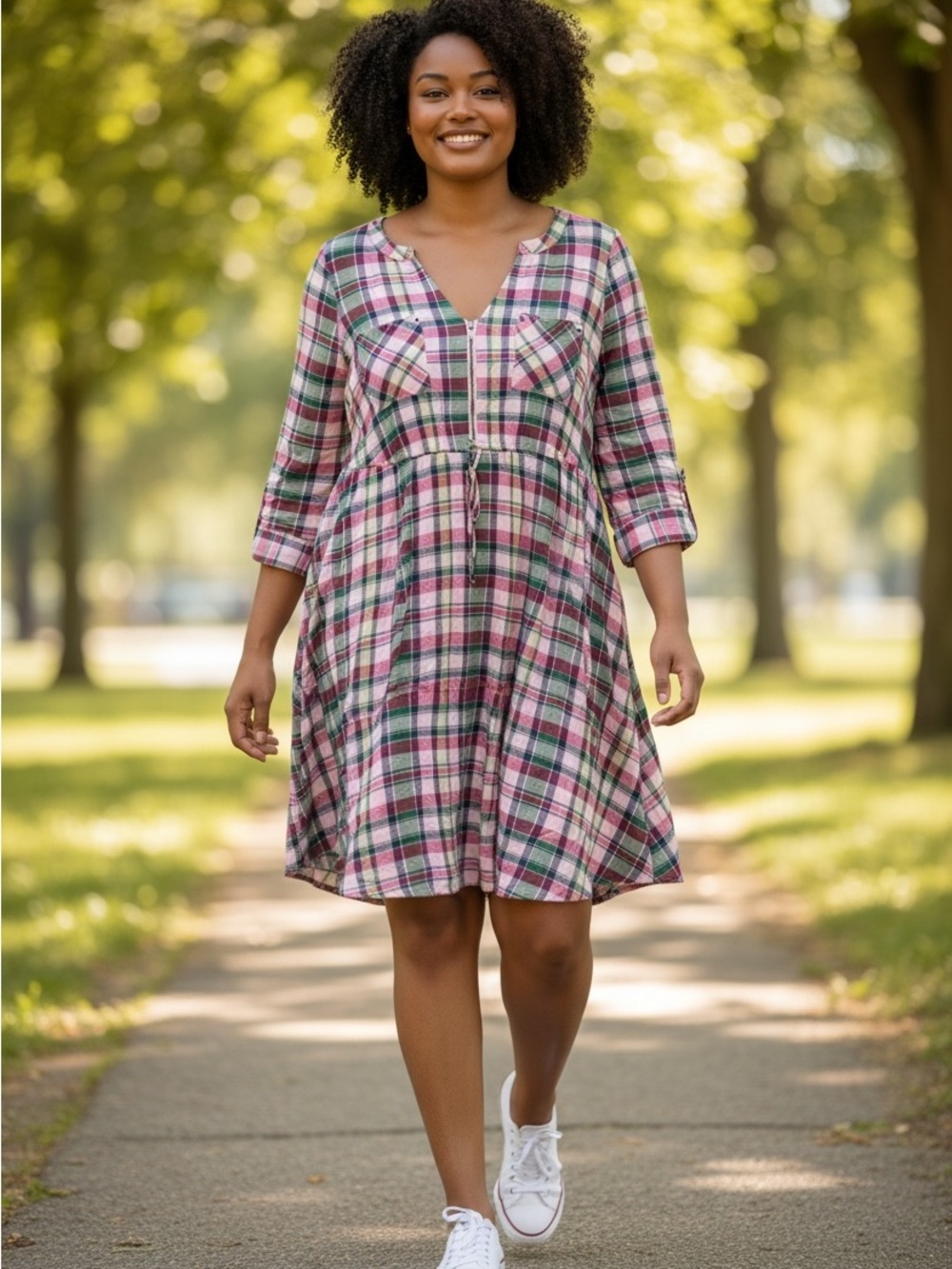 Torrid Pink Green Plaid Challis Zip Front High Low Shirt Dress | 1
